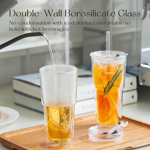 Miniatura 5 de KEMORELA 2 vasos de vidrio de doble pared de 20 onzas con tapas y popotes, vasos de vidrio de borosilicato aislados para café con leche helado,