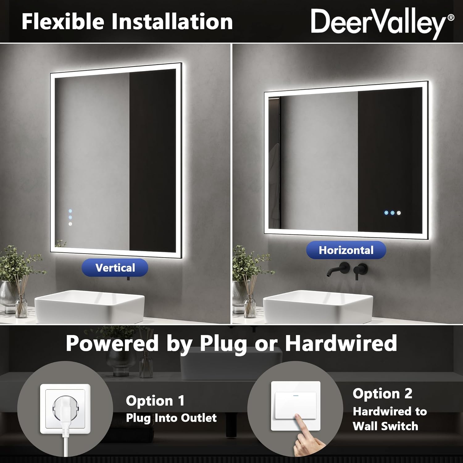 DeerValley 32" x 40" LED Bathroom Mirror with Lights, Lighted Vanity Mirror, Front and Backlit, Double Lights Strips, Anti Fog, Dimmable, Memory Function, Wall Mounted Smart Mirror