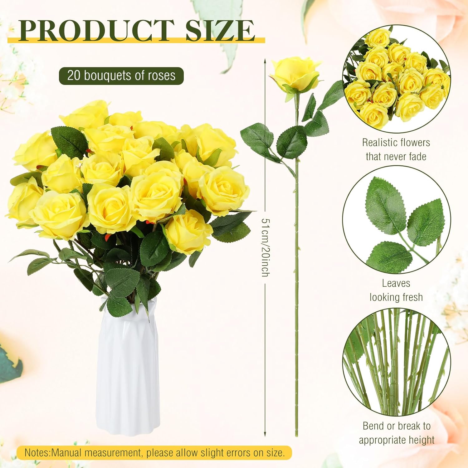 Hotop 20 Pcs Artificial Rose Flowers with Long Stem,Real Touch Silk Realistic Plastic Bouquet Roses Bulk for Home Decor Bridal Wedding Party Table Centerpieces Decorations(Yellow) - Image 2