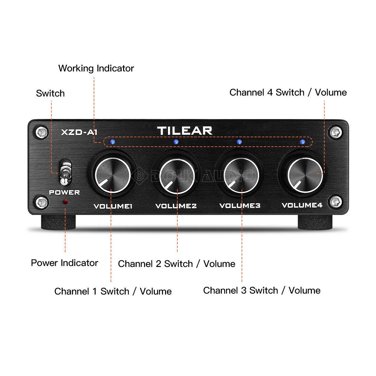 1-IN-4-OUT Lossless Analog Audio Switcher Box Splitter VOL Control for Amplifier (Black)