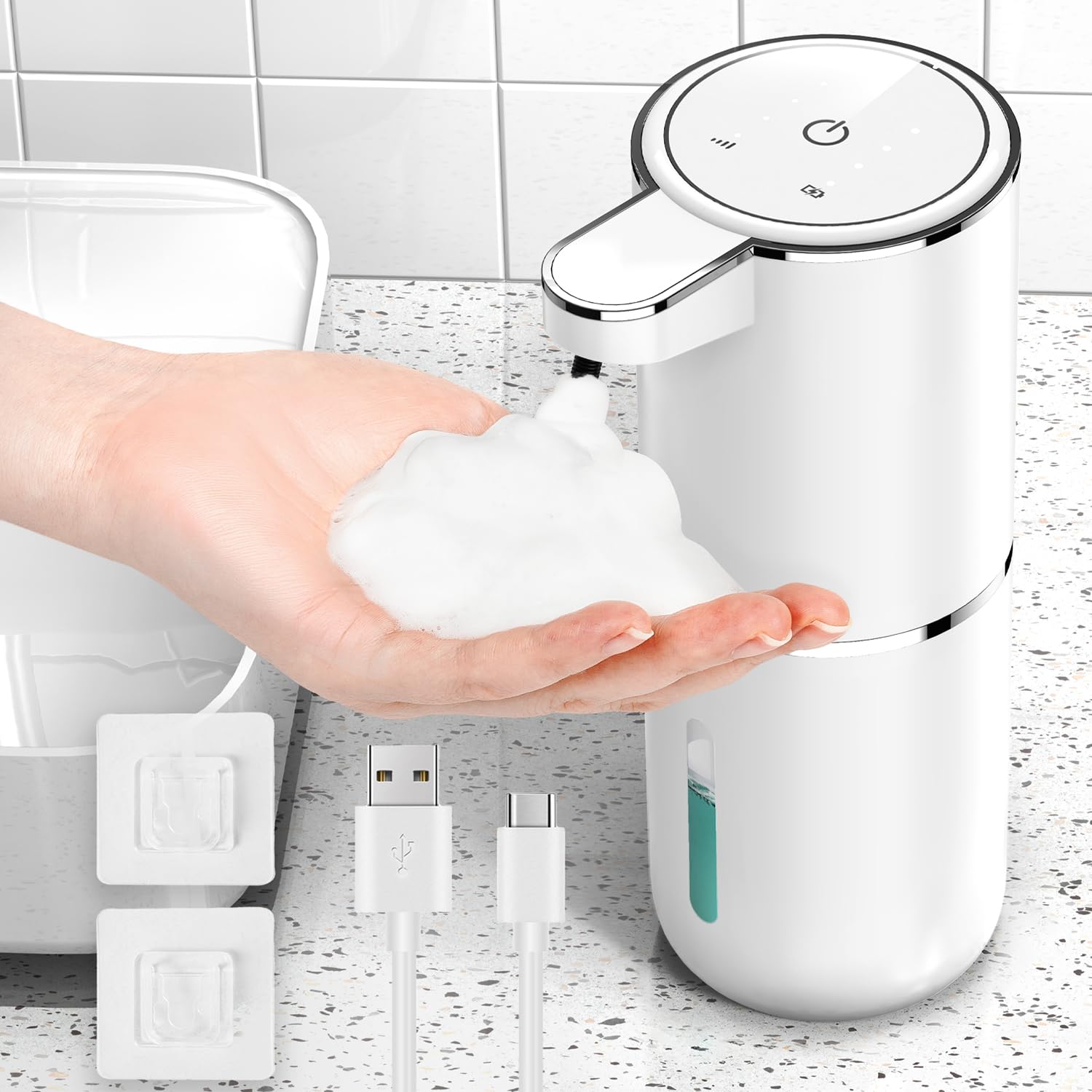 Dispensador Jabón Baño, 380ML Dispensador Jabon Cocina, 4 Niveles Ajustables Dispensador de Jabón Automático Suspensión, Recargable por USB, Resistente al Agua IPX5, para Cocina, Baño
