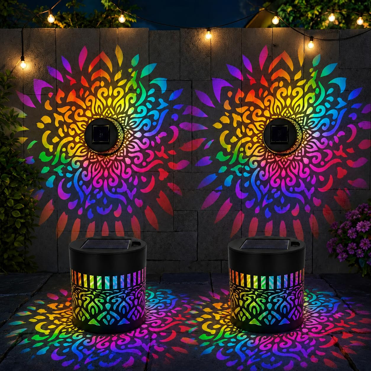 Solar Fence Lights,7-Color Gradient Solar Wall Lights,Outdoor Solar Wall Light, Outdoor Decorative Projection Light,Waterproof,Metal Light Suitable for Backyard Posts,Patio,Garden,Balcony (2-Pack)