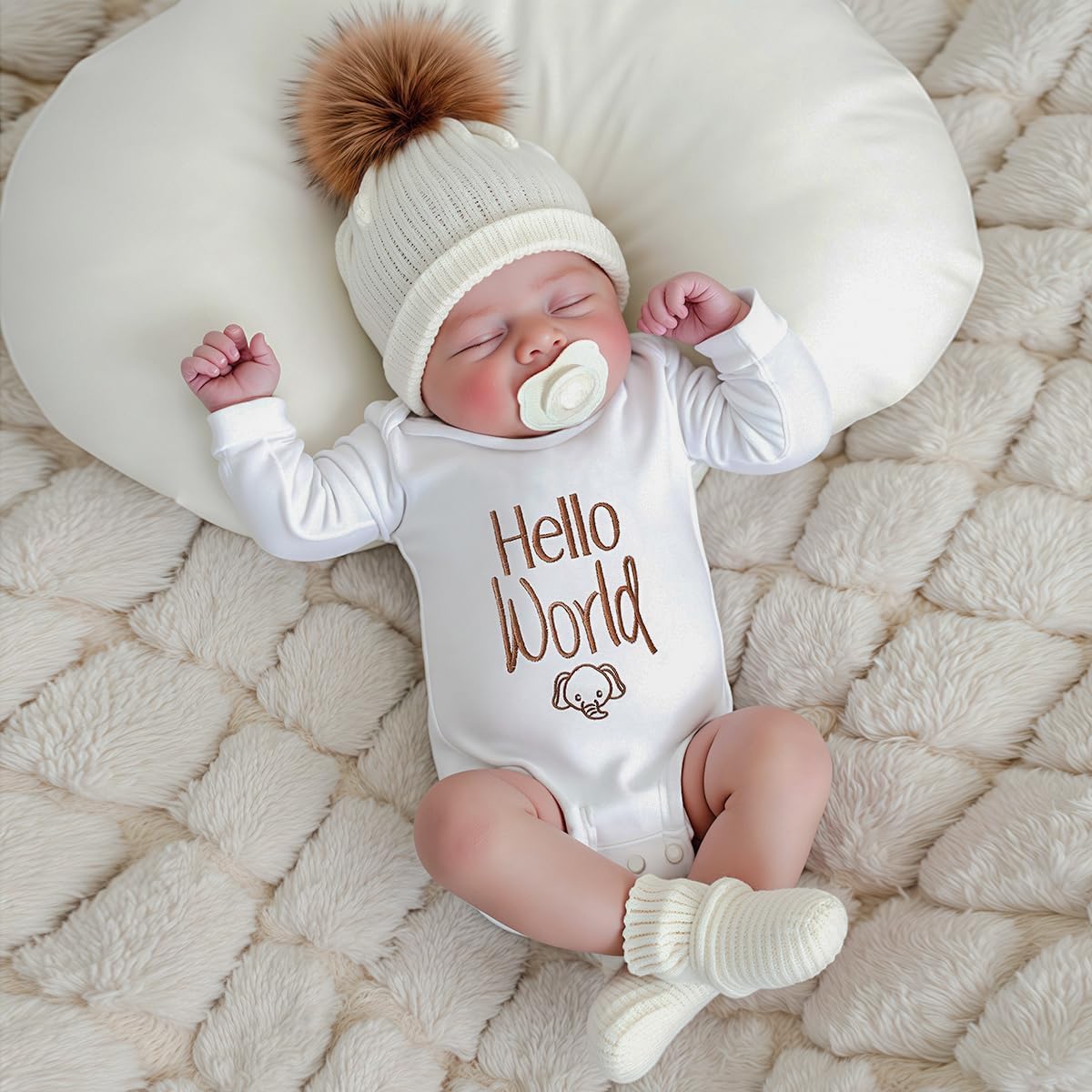 Hello World Newborn Coming Home Outfit Romper and Knit Hat with Pom Pom, Baby Long Sleeve Onesie Newborn Gift - Image 2
