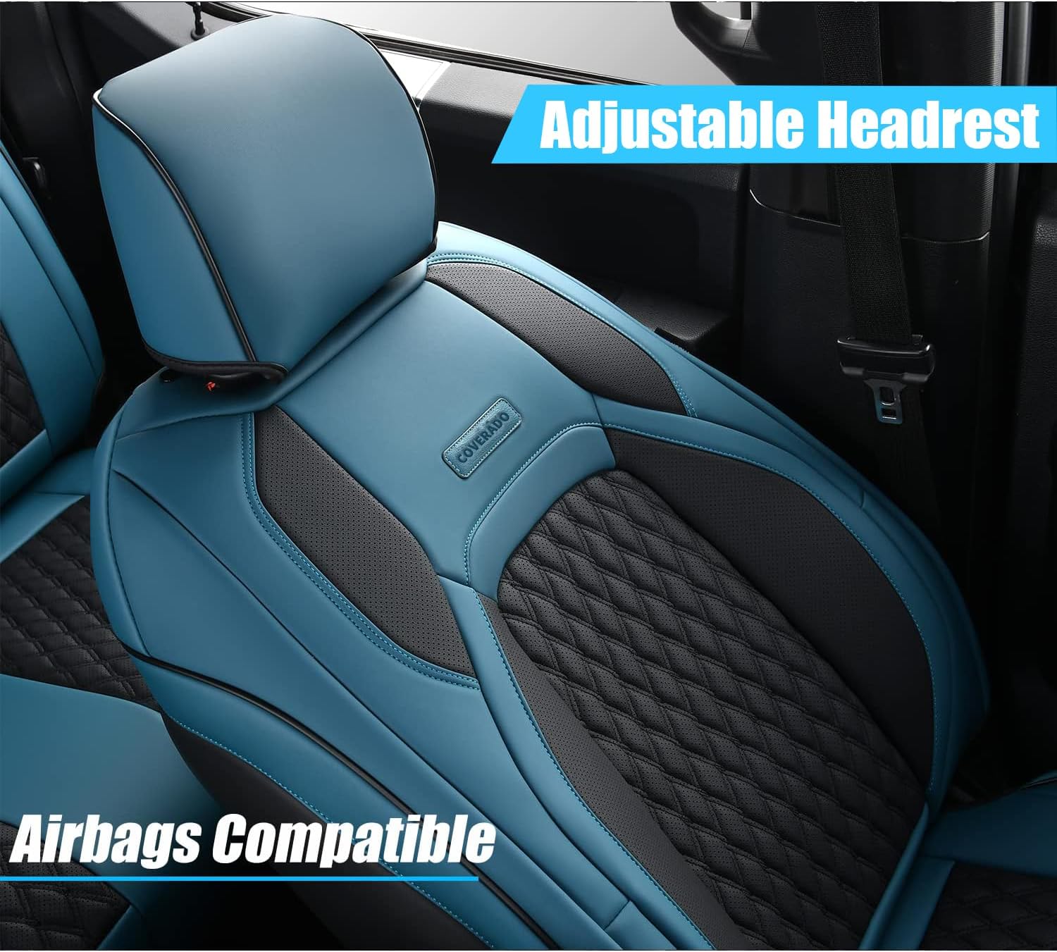 Coverado JK Seat Covers for Jeep Wrangler, Full Coverage Front Waterproof Leather for Cars Automotive Truck Custom Fit for 2013-2017 Jeep Wrangler 2-Door/4-Door (Blue)