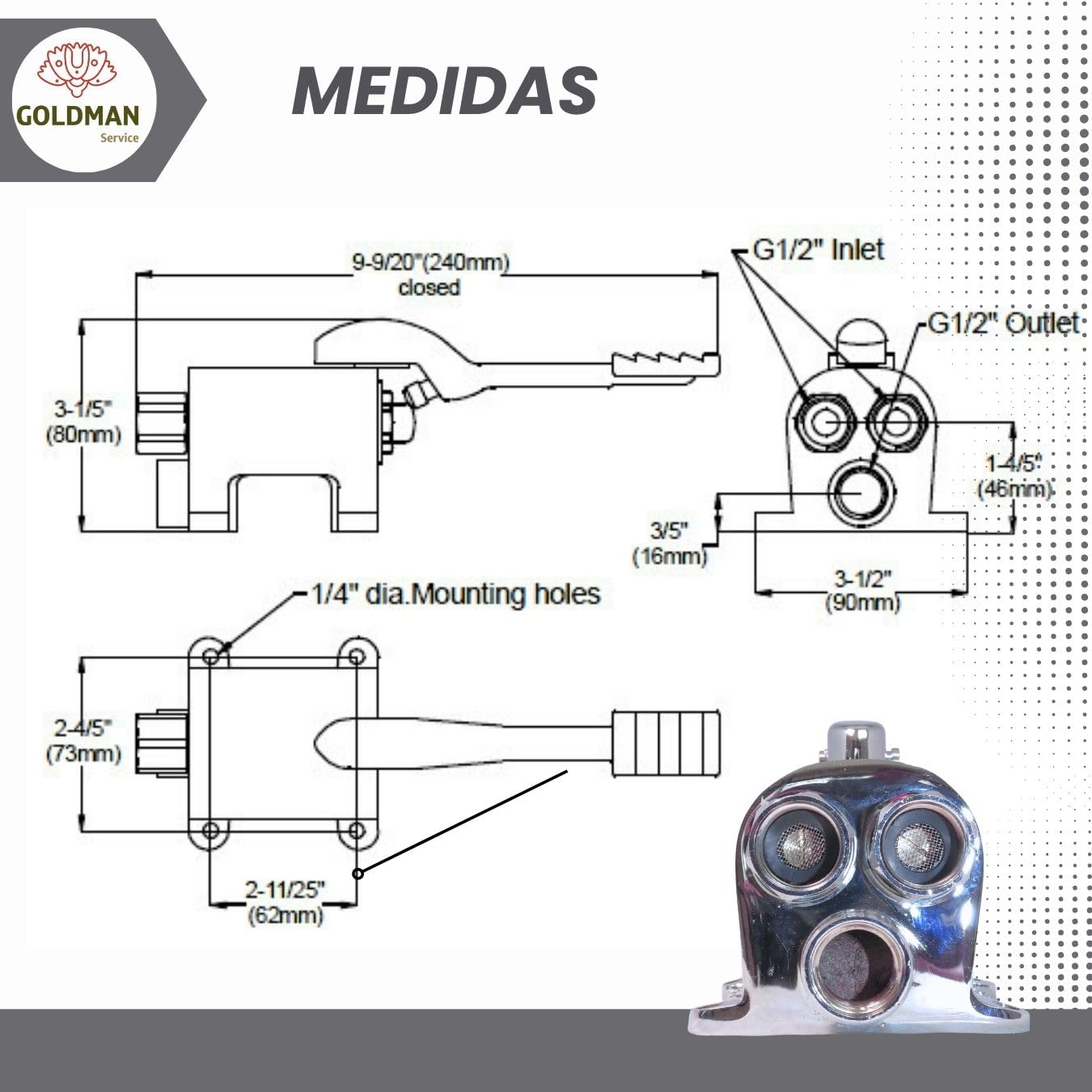 GOLDMAN SERVICE | Grifo Pedal Simple Mezclador Regulable de Pie Dos Aguas Fría - Caliente | Usos Fregaderos Cocinas Industriales Hostelería y Sanitarios
