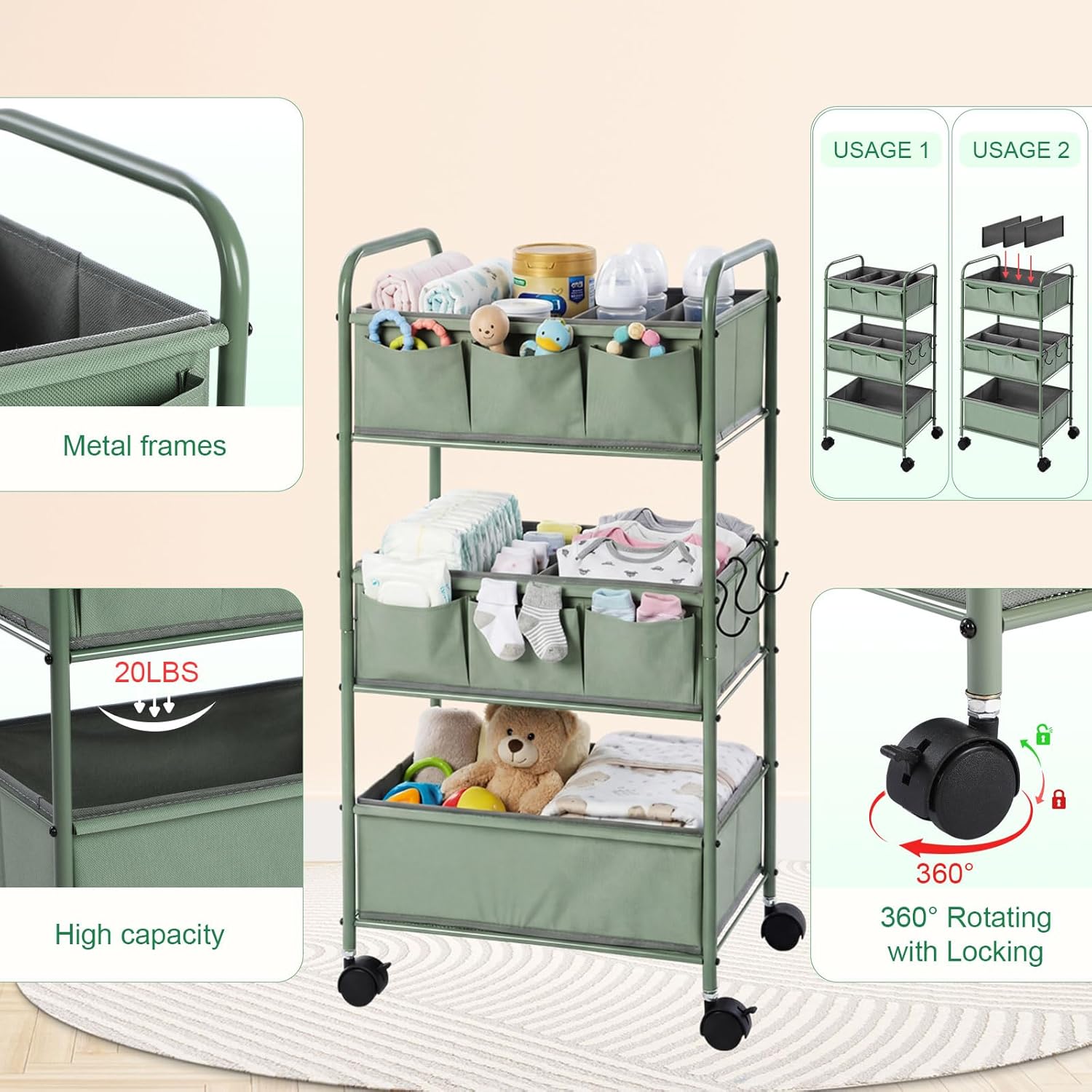 WILLBOND 3 Tier Green Baby Diaper Caddy Organizer Cart with 4+3 Dividers Large Capacity Metal Utility Bedside Rolling Cart Newborn Registry Nursery Essential Must Have Crib Bedroom Baby Shower