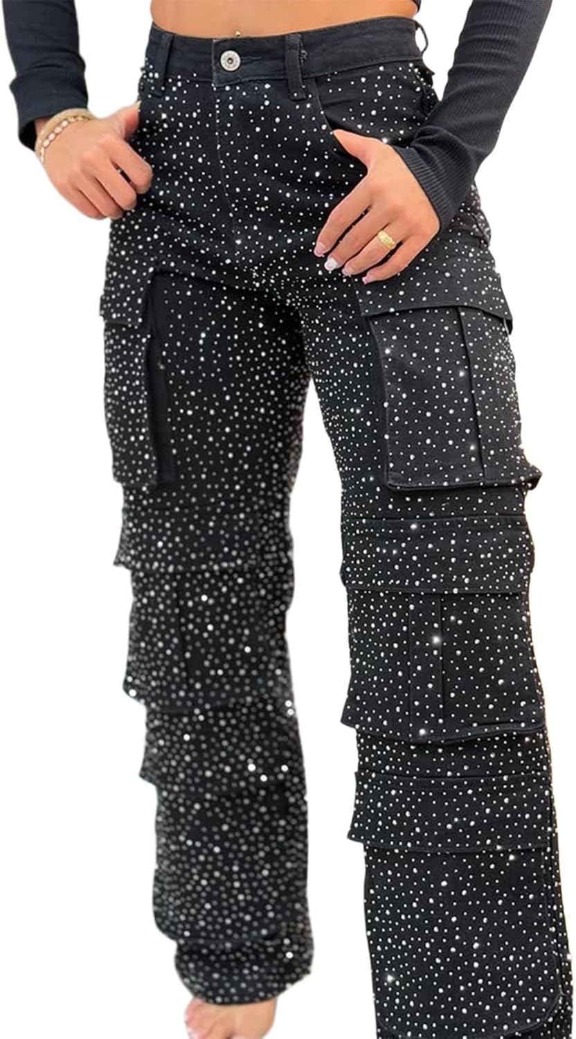 Womens High Waisted Rhinestone Jeans Black Straight Chic Baggy Wide Leg Bling Denim Pants Loose Fit Pearl Jeans
