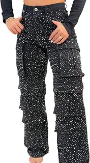 Women Rhinestone Jeans Straight Baggy Wide Leg Bling Pearl Denim Pants | Womens High Waisted Rhinestone Jeans Straight Chic Baggy Wide Leg Bling Denim Pants Loose Fit Pearl Jeans