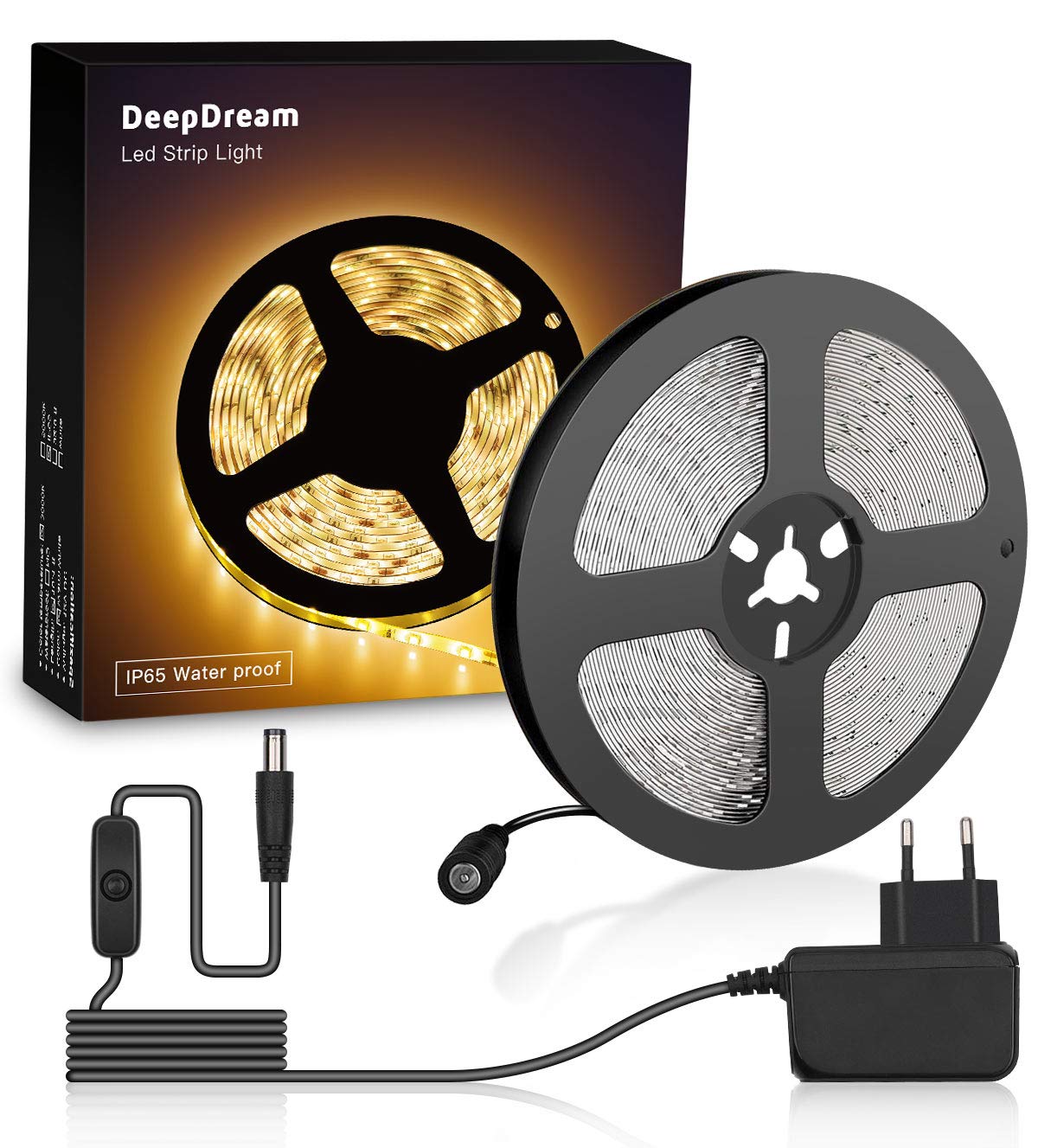 DeepDream 5M LED Strip Set, 3000K Warmweiß, IP65 Wasserdicht,Selbstklebend 2835 LED Streifen, Flexibel LED Band, 300 LEDs Lichtband, 12V Netzteil mit Schalter Enthalten