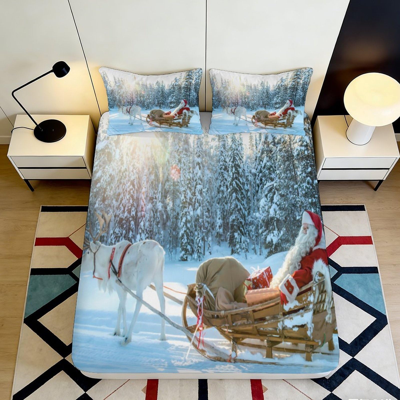 3D Printed Reindeer Snow Scene Fitted Sheet Microfiber Deep Pocket Non-Slip for Bedroom Bedding Snowy Mattress Fitted Cover Washable Home 200x200x25cm