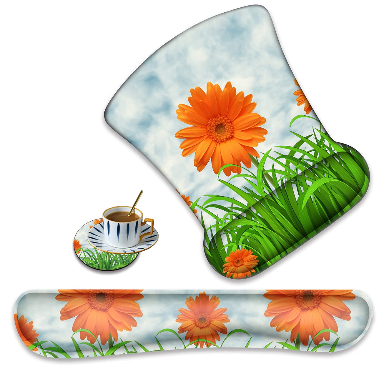 XMTMR-Glass Ergonomically Upgraded Keyboard Wrist Rest and Comfortable Gel Mouse Pad Set, Non-Slip Rubber Base Cute Coaster, for Work, Game Home, Sunflower