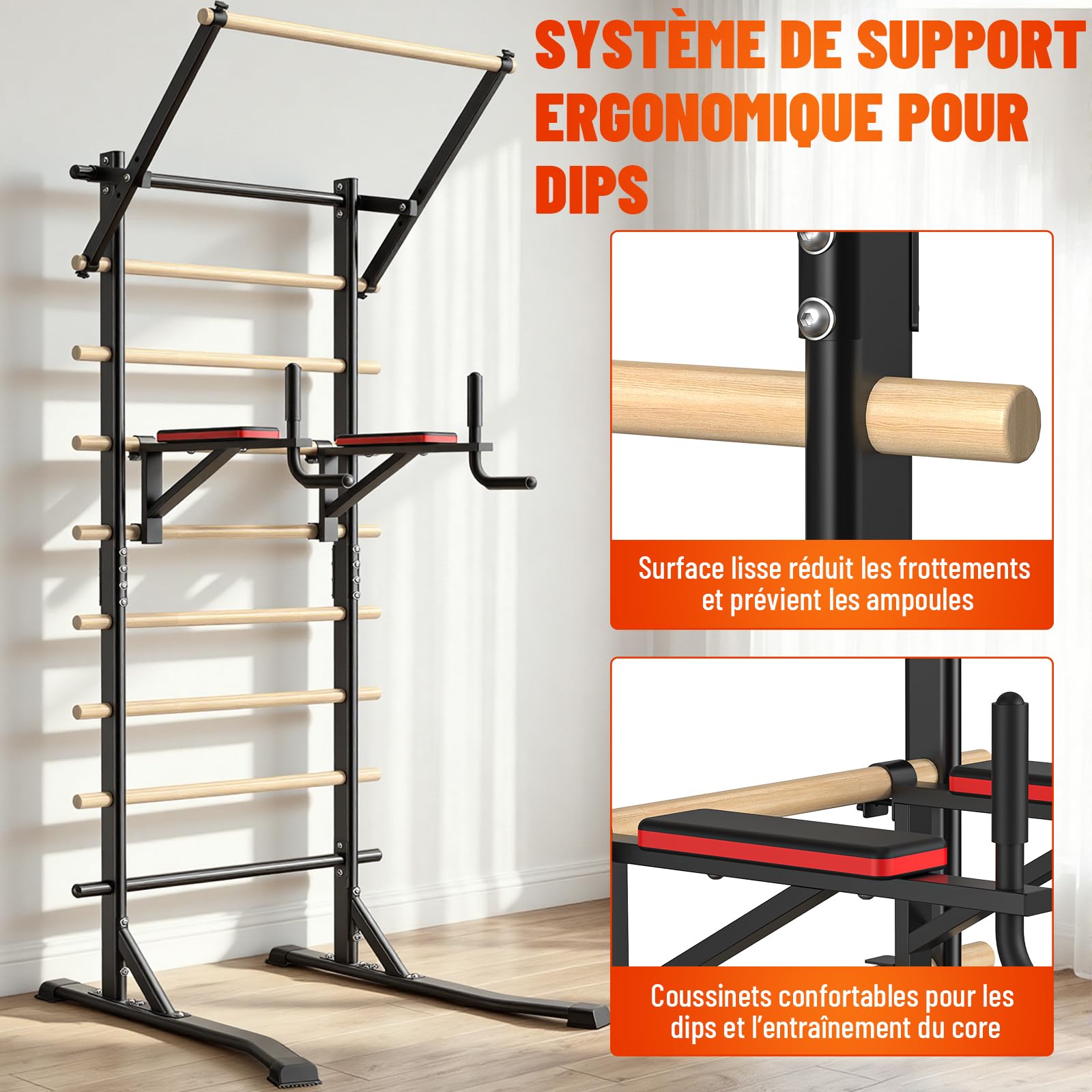 Chaise Romaine Power Tower avec barre de traction et espalier suédois autoportant, capacité de charge 150 kg, sans fixation murale, station de musculation 228 cm pour entraînement à domicile