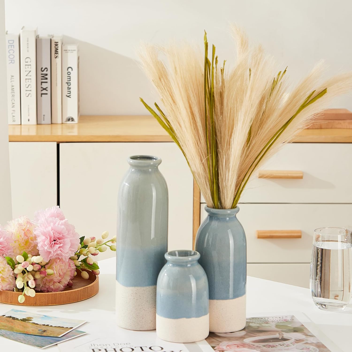 Blue Ceramic Vase 3 Sets,Farmhouse Vase for Country Home Decoration, Tabletop Decor, Bookcase, Fireplace and Entrance Decoration. - Image 7