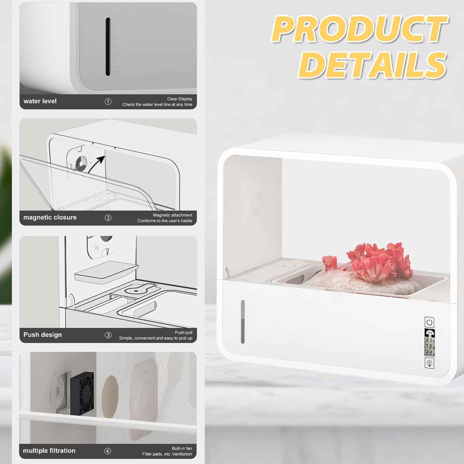 Caja de Cultivo de Setas con Sistema de Ventilación | Iluminación LED Automática & Control Táctil | Incluye Higrómetro y Termómetro | Caja ABS Transparente para Hidroponía