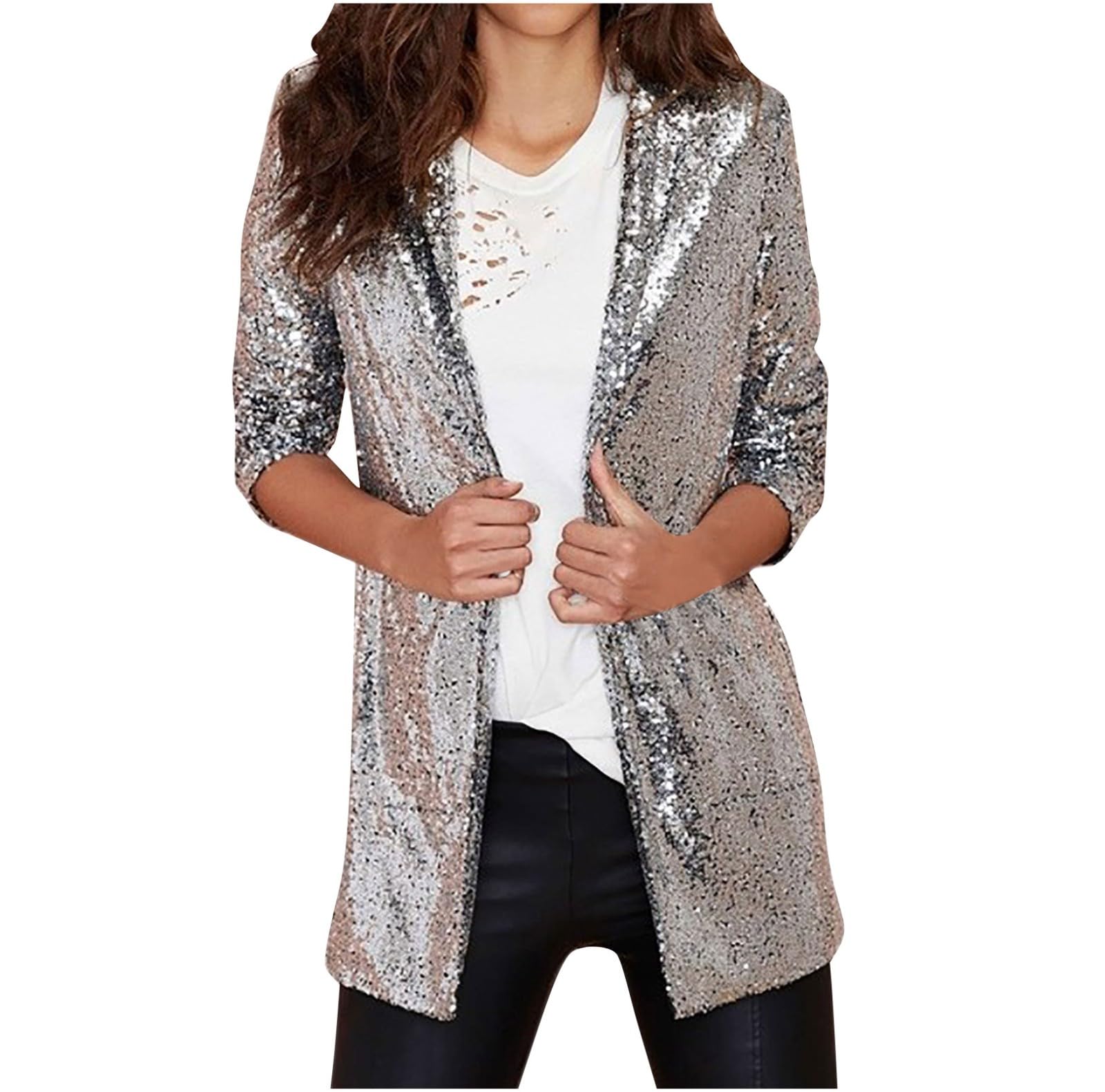 Womens Sparkly Party Blazers Sequin Glitter Open Front Shiny Jacket Notched Lapel Collar Long Sleeve Suit Jackets
