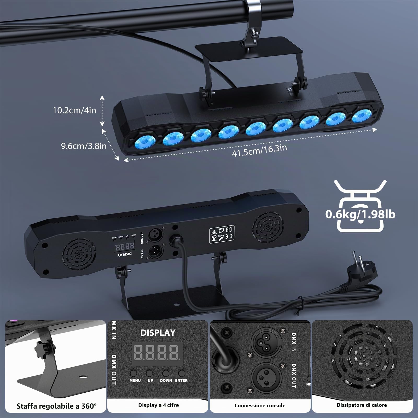 9 RGBW LED Wall Washer Luce da Palcoscenico 60W, Effetto Barra Luminosa Spotlight con Telecomando DMX512 Stroboscopio Luce per Feste per Matrimonio DJ Outdoor Natale