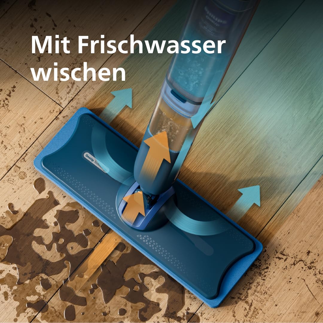 Philips OneUp 5000 Serie Elektrischer Wischmopp - 2X sauberere Böden², 2X schnelleres Wischen, Zwei Feuchtigkeitseinstellungen für Harte & empfindliche Böden, Kabellos mit 360° Drehgelenk (XV5113/01)