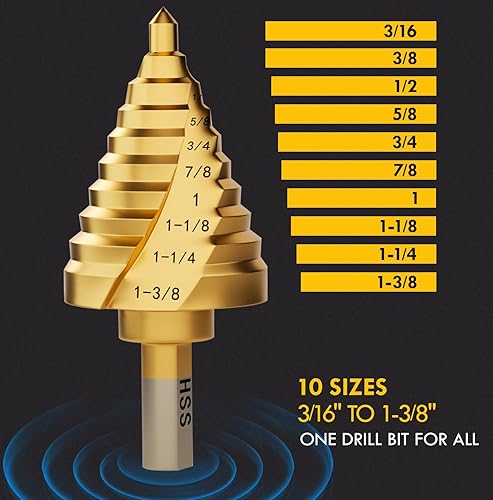 Miniatura 3 de Juego de brocas escalonadas, 316" a 1-38", vástago hexagonal de 38" de acero de alta velocidad para acero inoxidable, metal, aluminio, cobre,