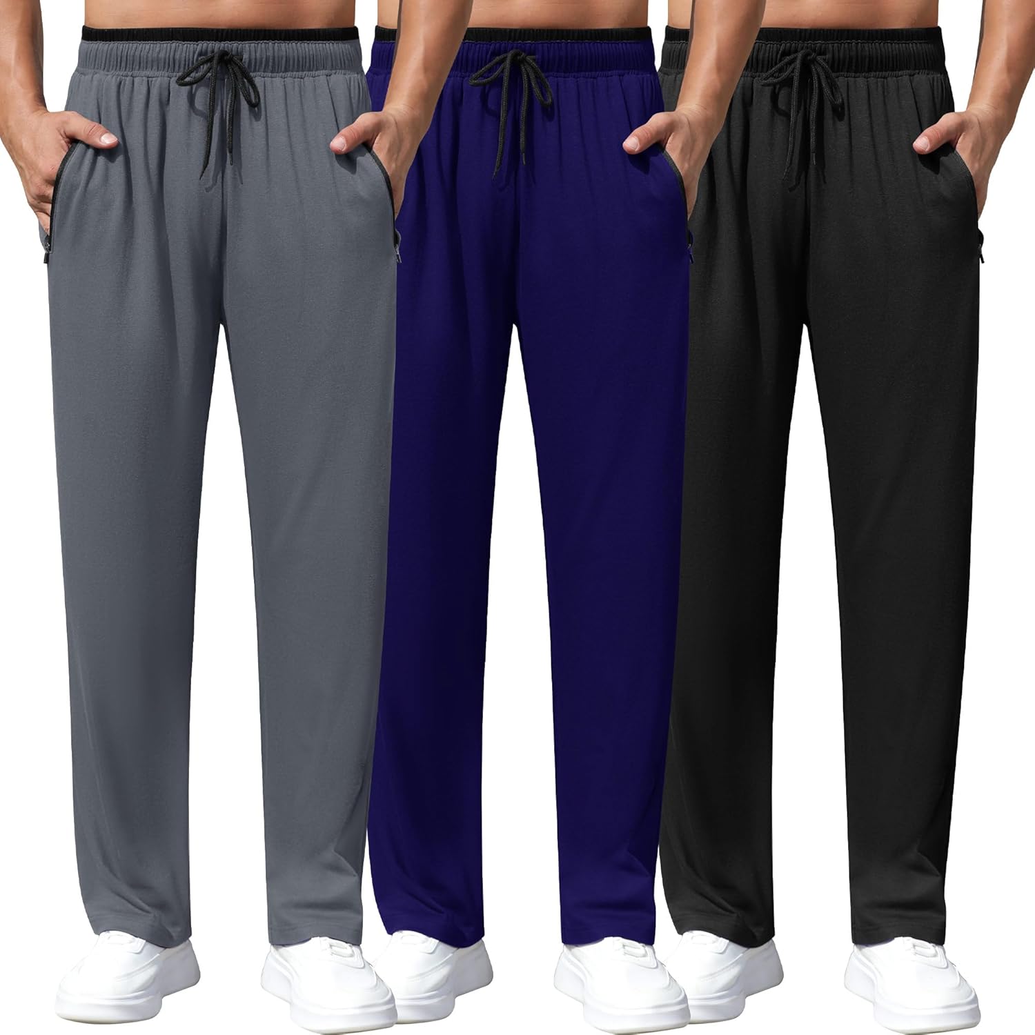 Neer 3 Pack Men’s Athletic Pants Open Bottom Sweatpants Drawstring Workout Lightweight Joggers Lounge Pants with Pockets
