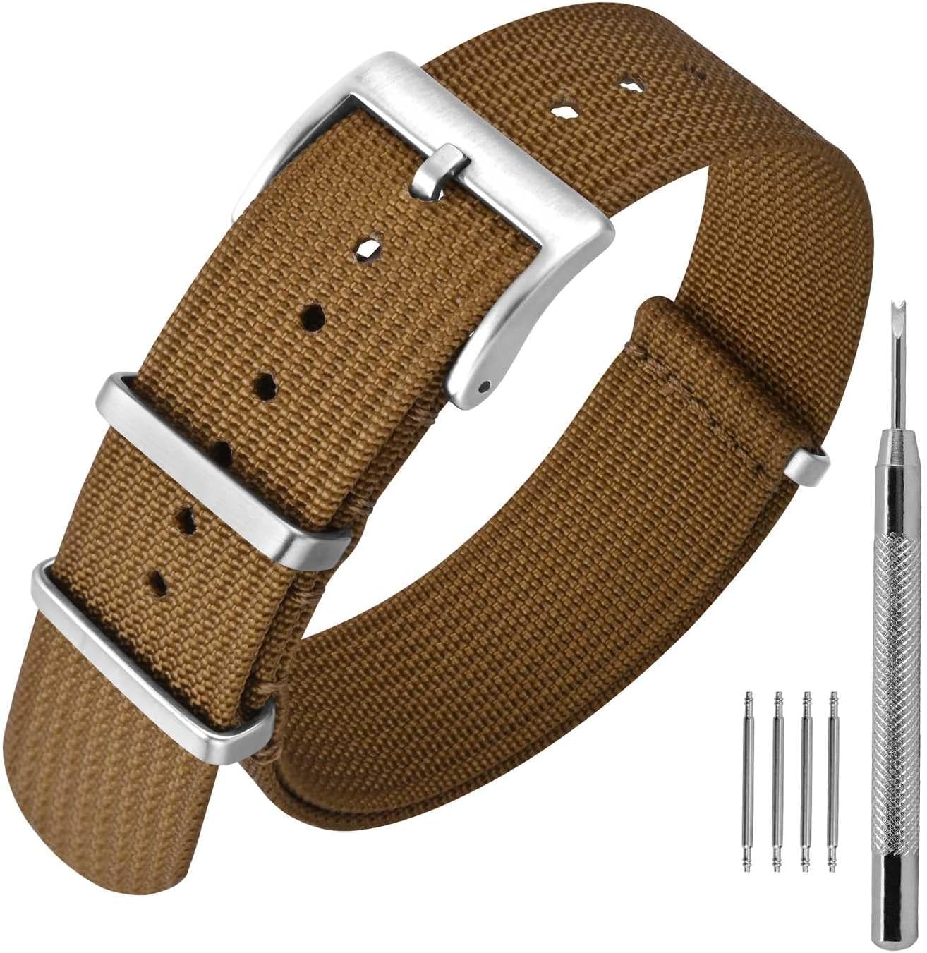 ANNEFIT Nylon Watch Band 0.9 inches (22 mm), One-Piece Waterproof Military Watch Straps with Heavy Silver Buckle (Brown)