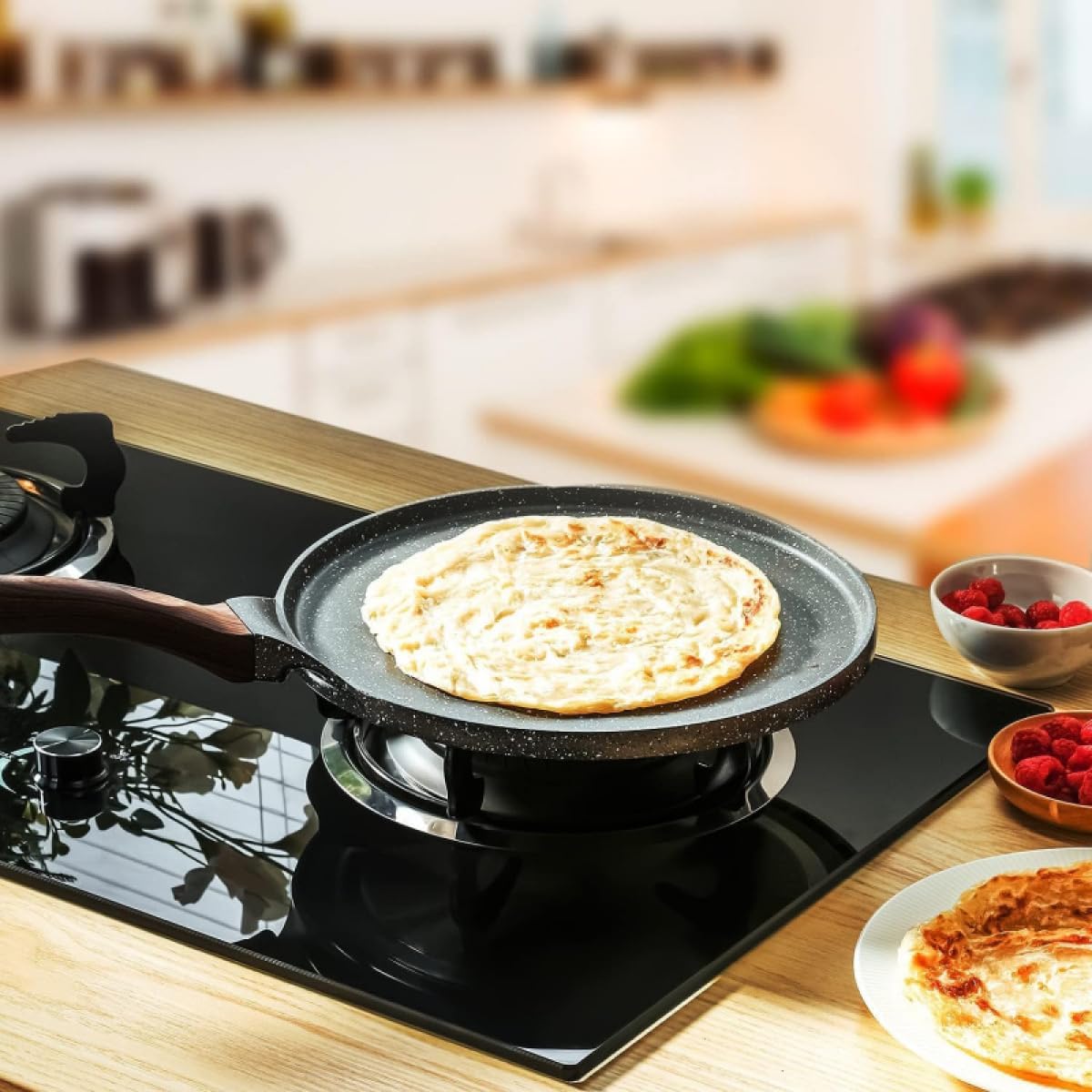 TAKE FIRE Nonstick Crepe Pan 12-Inch: Swiss Granite Coating Dosa Pan & Flat Skillet with Stay-Cool Handle, Induction Compatible