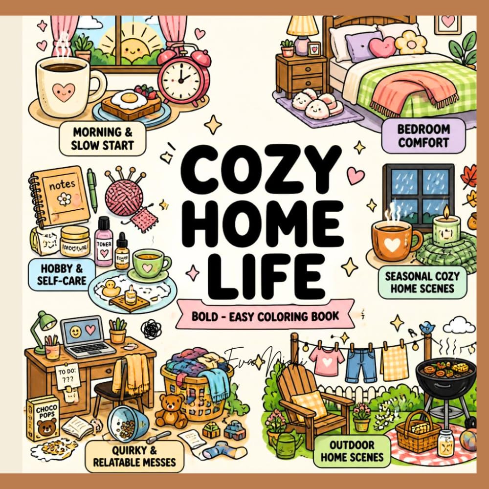 COZY HOME LIFE – Bold & Easy Coloring Book for Adults: A Relaxing Coloring Book Featuring Home Scenes, Stress Relief, Mindfulness, and simple Cute Illustrations