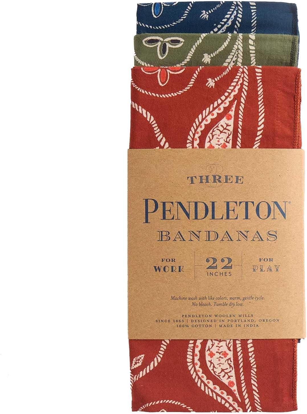 Pendleton Bandana, 100% Cotton, 22x22 Inch, 3 Pack, Multicolor