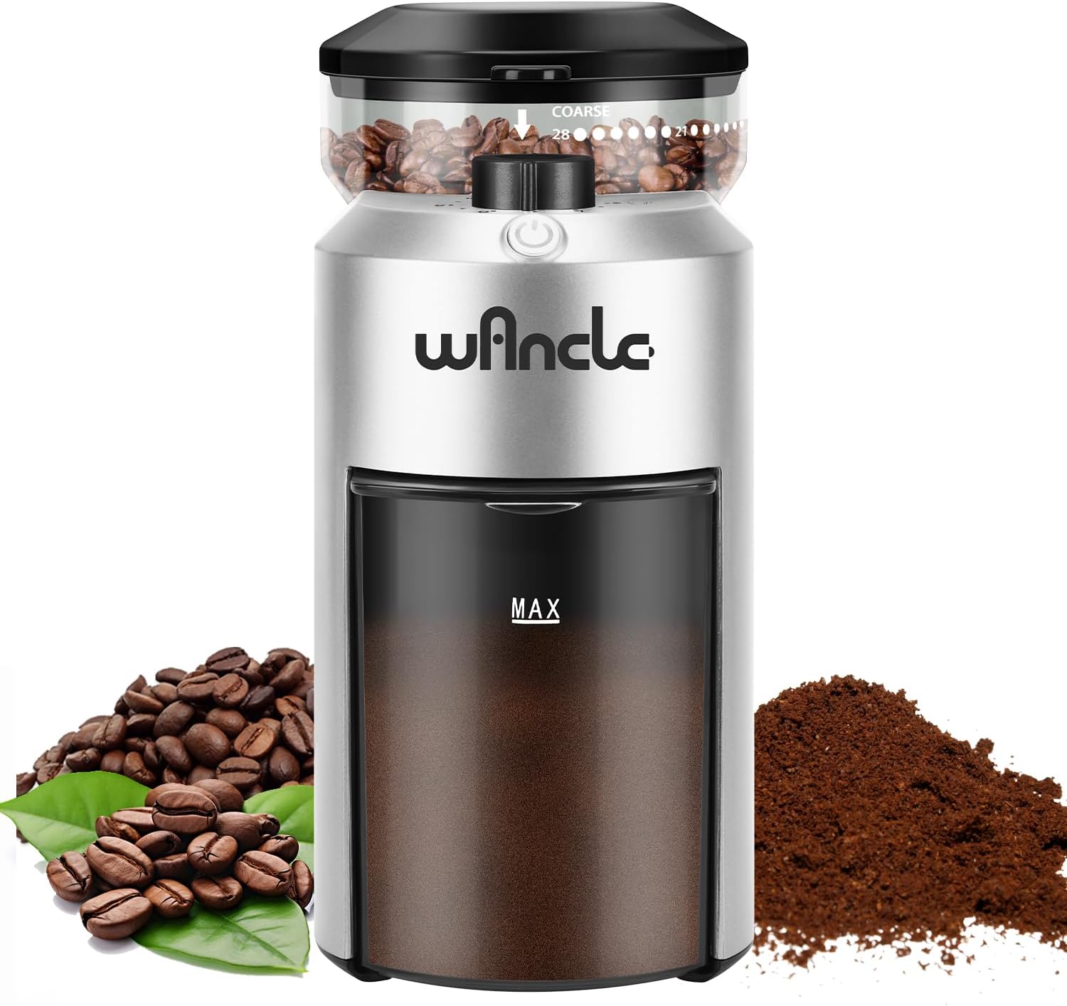 WancleElectric Burr Coffee Grinder - Adjustable with 28 Precise Grind Settings for 12 Cups - Professional Coffee Bean Grinder (Plastic, Silver)