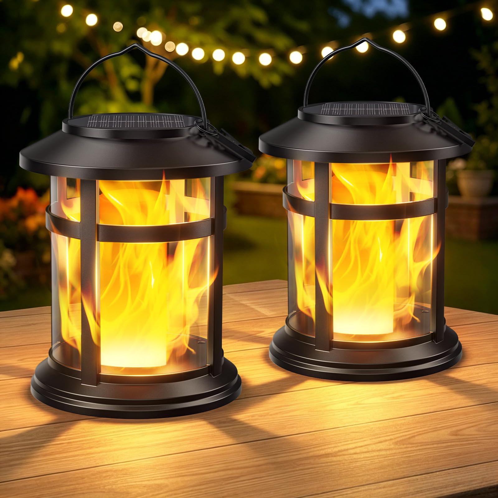 Lanterne solari impermeabili per esterni, confezione da 2, luci solari tremolanti a fiamma tremolante, per esterni, decorative, ad energia solare, per giardino, patio, tavolo, portico, decorazione