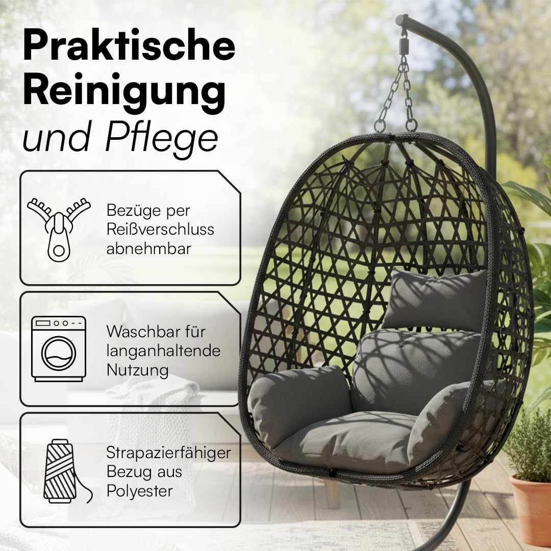 STEELSØN Sarin Hängesessel mit Gestell – Hängestuhl Rattan Outdoor & Indoor mit Kissen – Hängekorb Schwarz – Gartenschaukel für Erwachsene & Kinder – Korbhängesessel faltbar – Hanging chair bis 150 kg