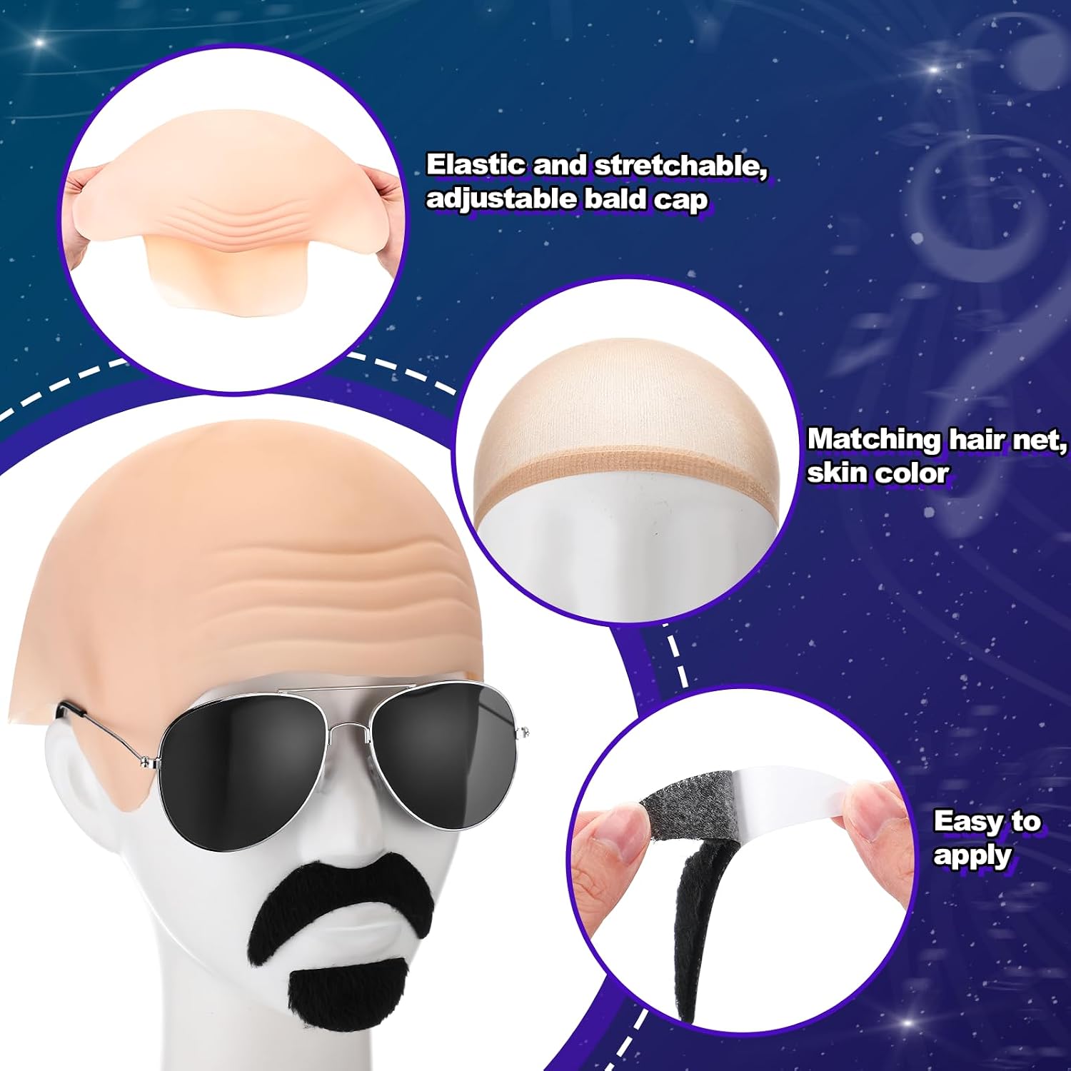 Mepase Bald Caps with Glasses and Mustache Bald Head Wig Cap Party Costume Accessories for Women Men Halloween Cosplay