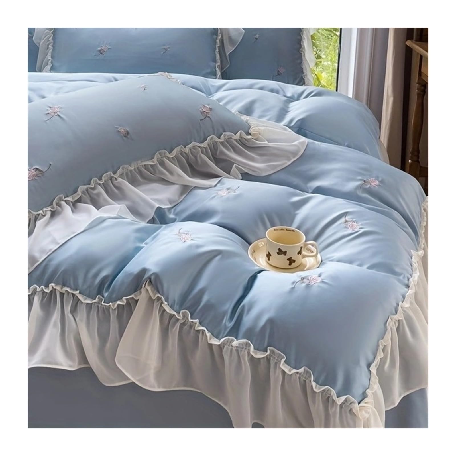 ZHSOAO 3pcs Elegant Rose Embroidery Bedding Set Lace Duvet Cover 1 2 Pillowcase for Bed(Blue,180x210cm)