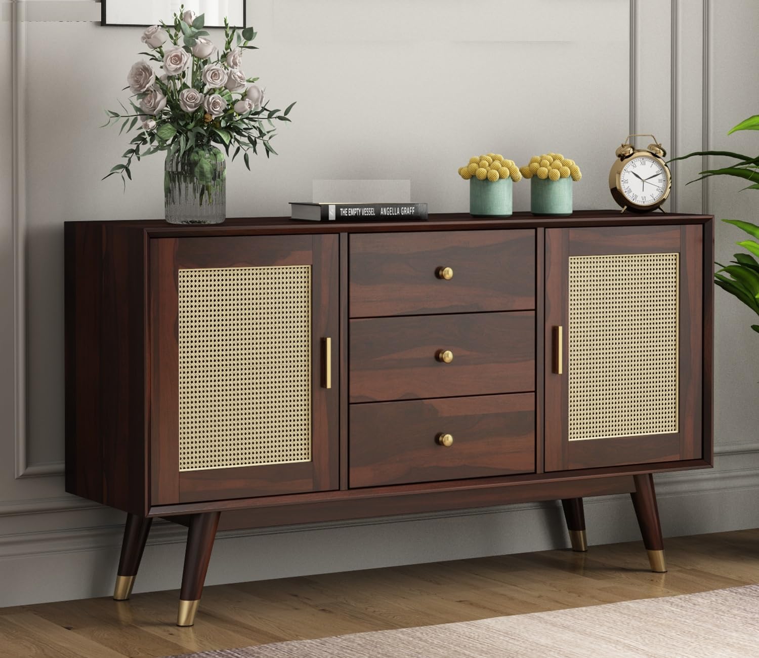 NEW LOOK FURNITURE Sheesham Wood TV Unit|Wooden Sideboard Cabinet for Living Room | Solid Wood Kitchen Cabinets with Drawers & Door | Storage Unit for Home Office (N-Walnut)-image-11