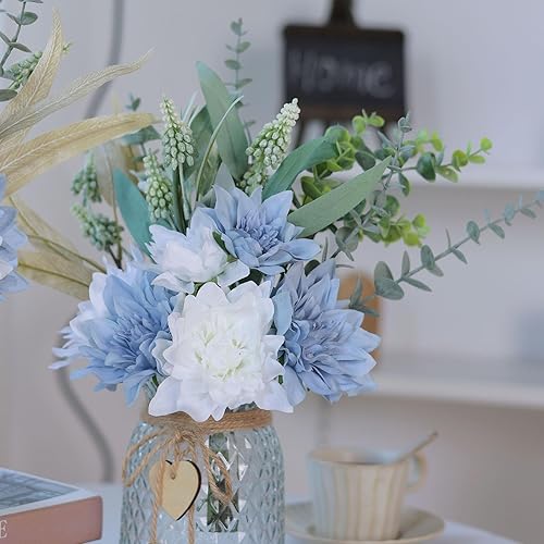 Miniatura 9 de Flores de imitación con jarrón, flores artificiales de seda en jarrón, planta falsa de eucalipto y sauce, arreglo floral para el hogar, granja, mesa