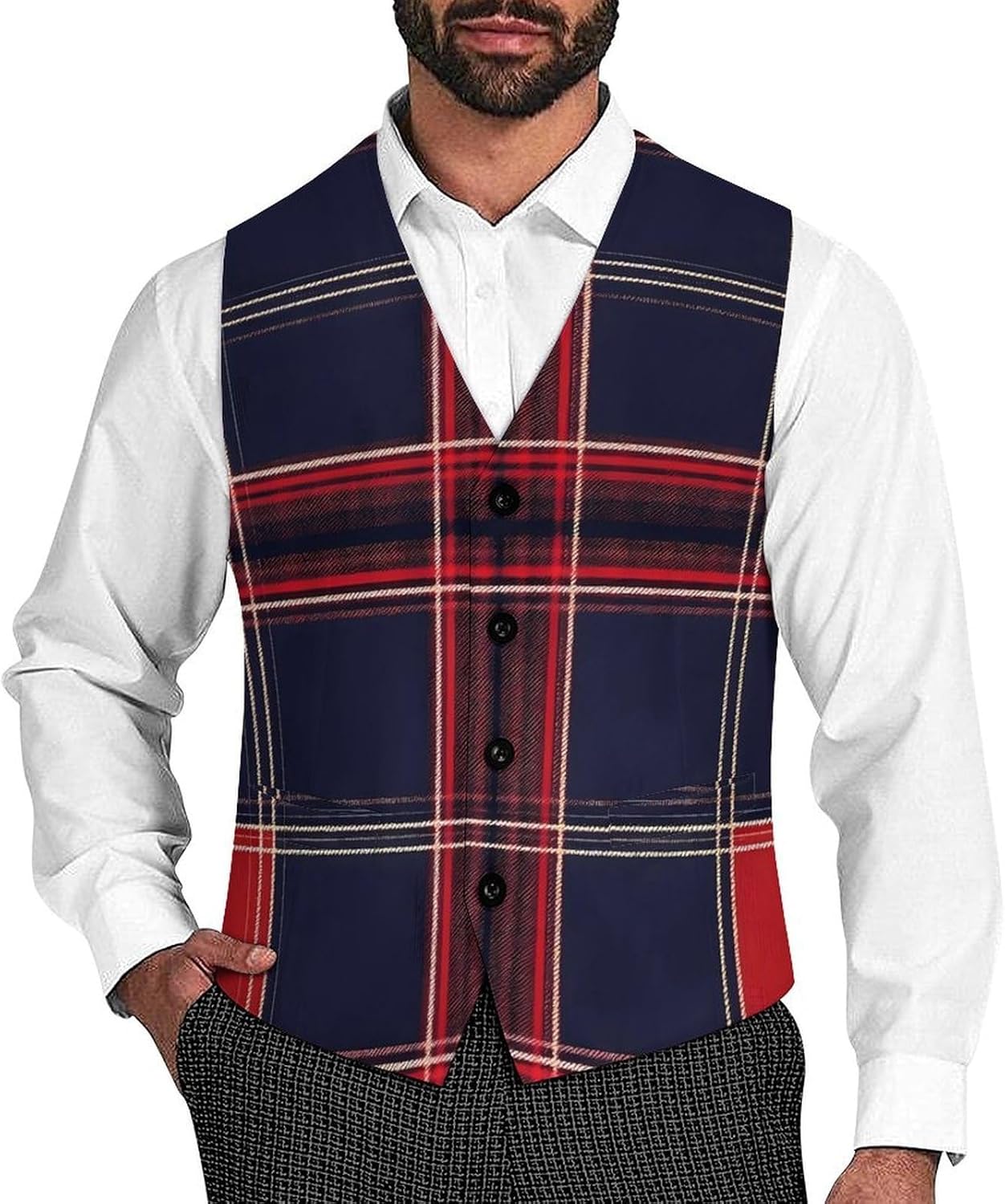 Blue Red Tartan Plaid Pattern Men's Suit Vests Business Waistcoat Casual V-neck Formal Dress Tuxedo