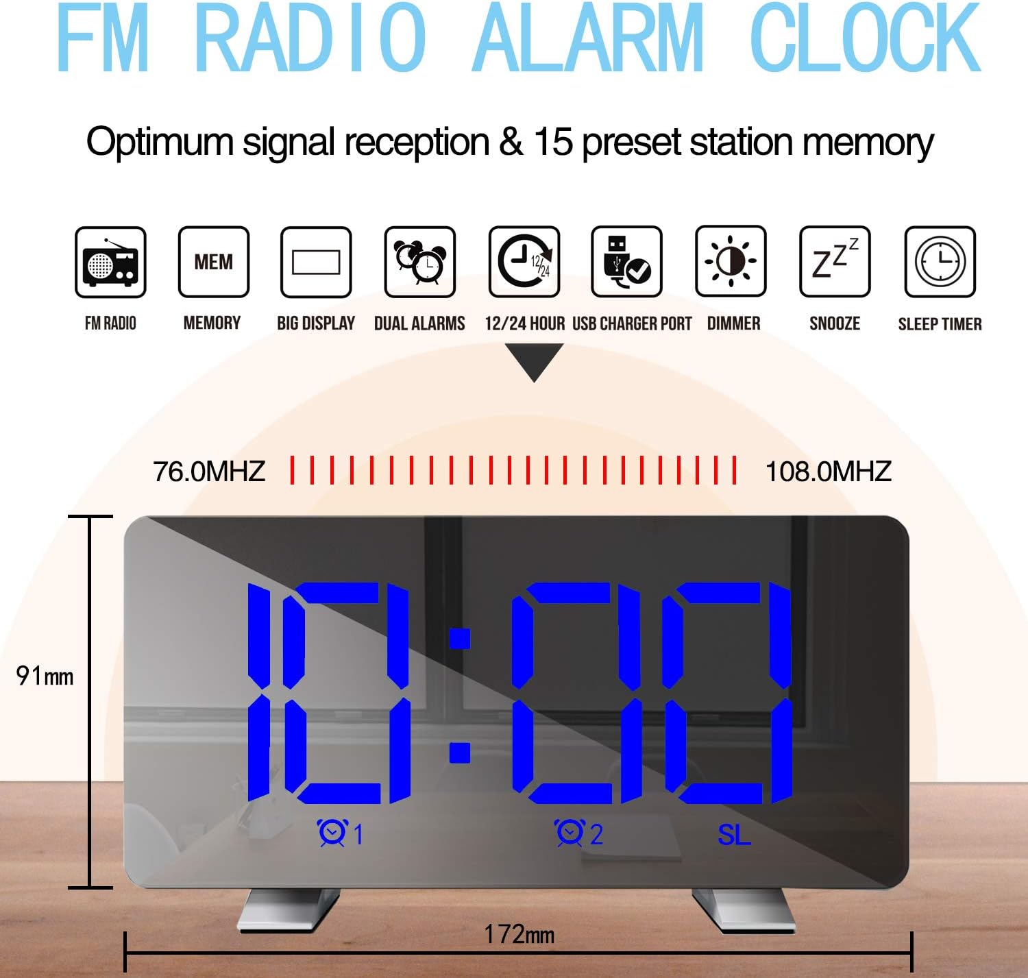 FM Radio features and dimensions of the alarm clock