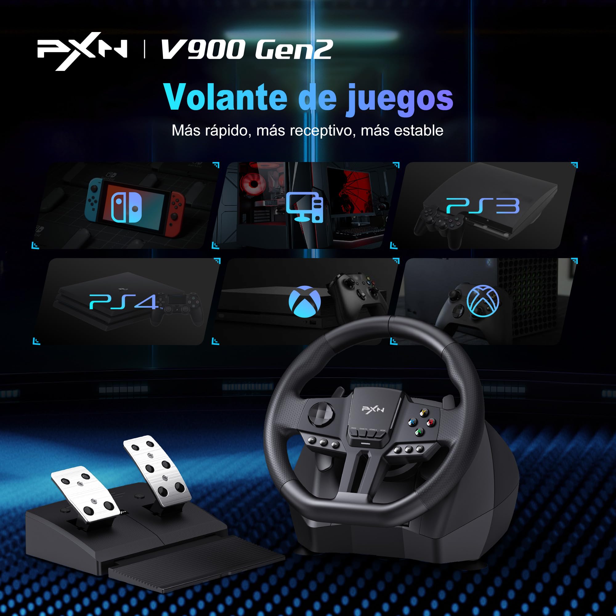 PXN V900 Gen2 Volante con Pedali, Volante da Corsa 270°/900° con Feedback di Vibrazione, Pedali Hall – Volante Gaming per PC Windows, PS4, PS3, Xbox e Switch