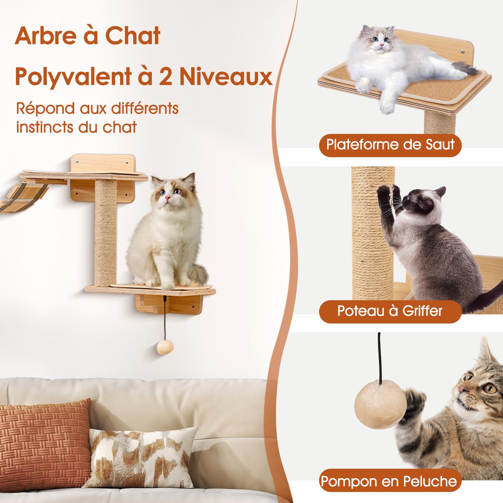 GOPLUS Parcours Mural Chat avec 4 Pièces en Bois Intérieur, Naturel