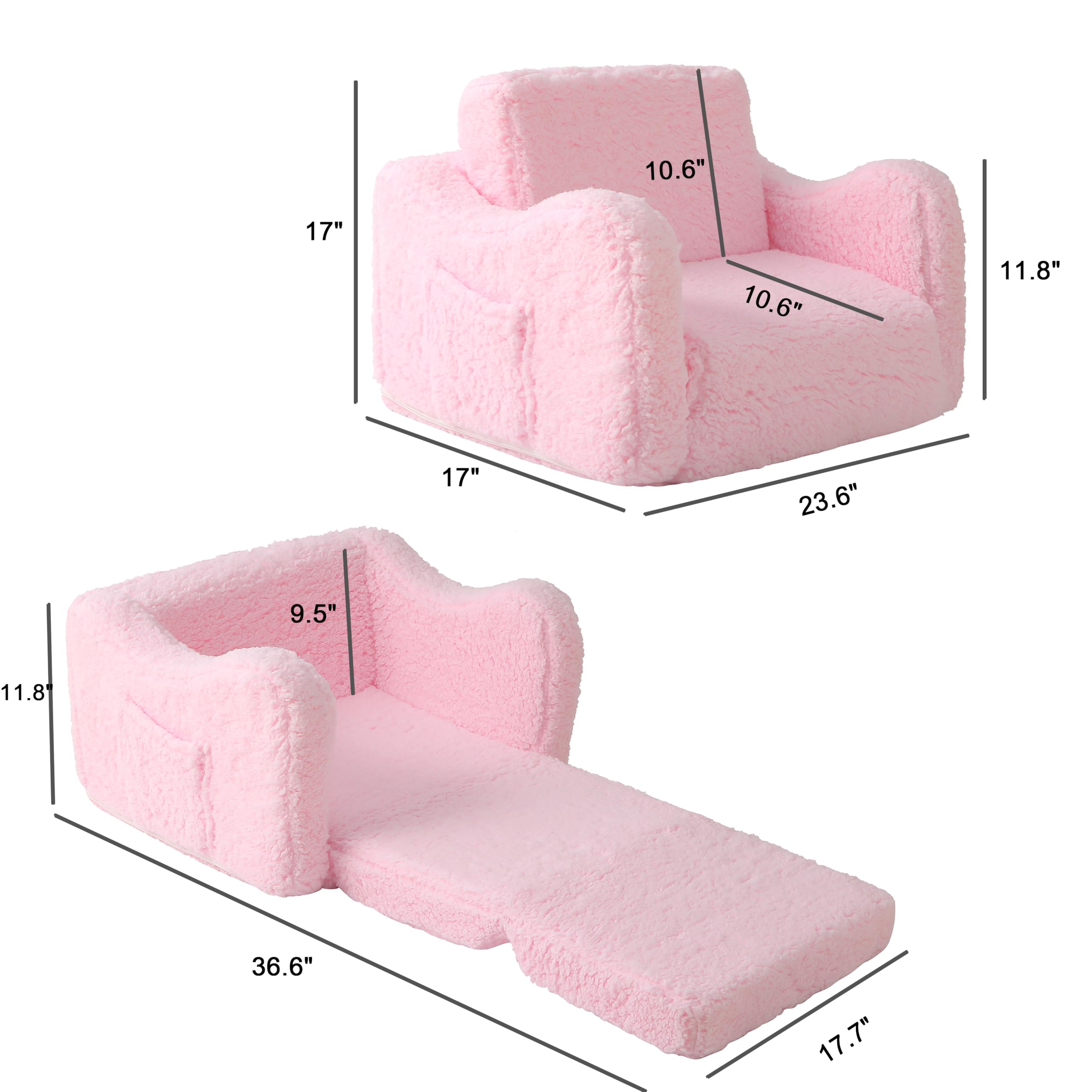 Sofá infantil para niños pequeños, sofá 2 en 1 de sherpa suave para bebés de 1 a 3 años de edad, plegable, sofá convertible para niñas y niños (rosa) 3