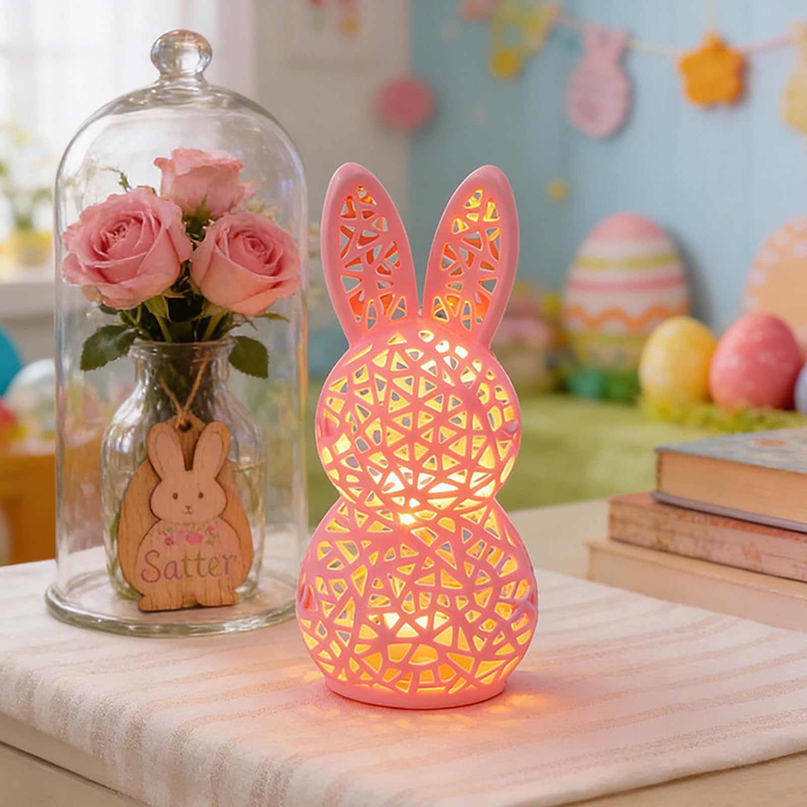 Lighted Easter Hollow Out Bunny Figurine,3D Rabbit Lamp Figurines Ornament for Living Room Office Bedroom,Spring Farmhouse Holiday Bunnies Statues,Light Up Animal Table Bookshelf Decor (Red)