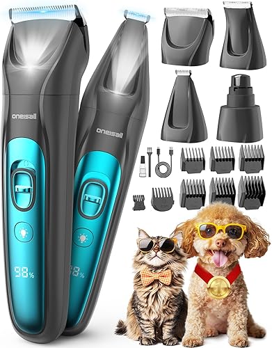 oneisall Cortadora silenciosa para perros para aseo con luz LED, kit de aseo inalámbrico para perros 4 en 1, 2000 mAh, recortador de patas para