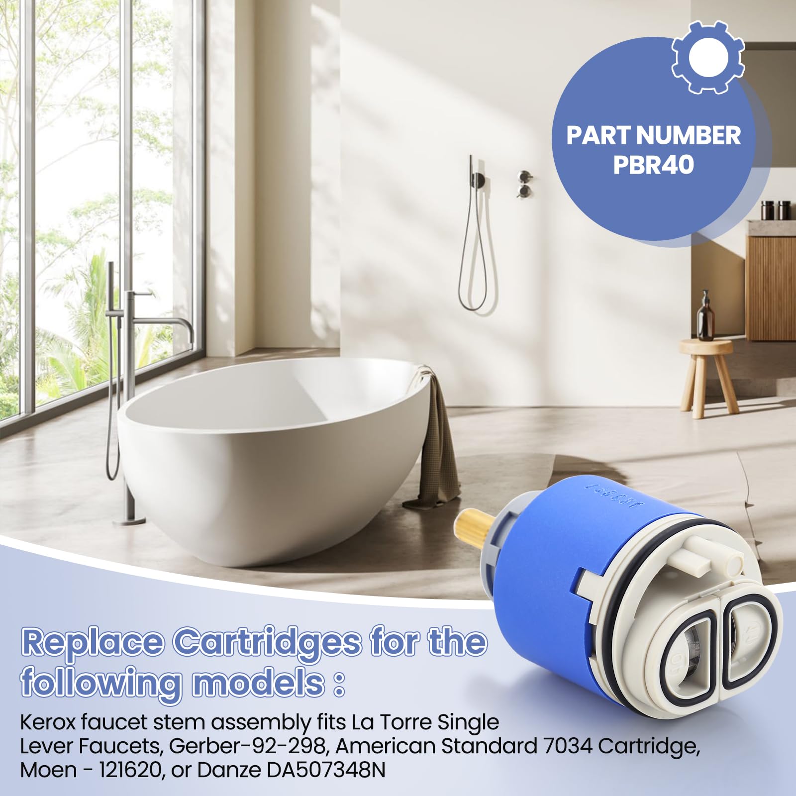Kerox PBR 40 - Cartucho de repuesto compatible con La Torre, Cascade & Nobili, cartuchos de mezcla de cerámica para cocina y baño con equilibrio de presión, palanca única y giratorio