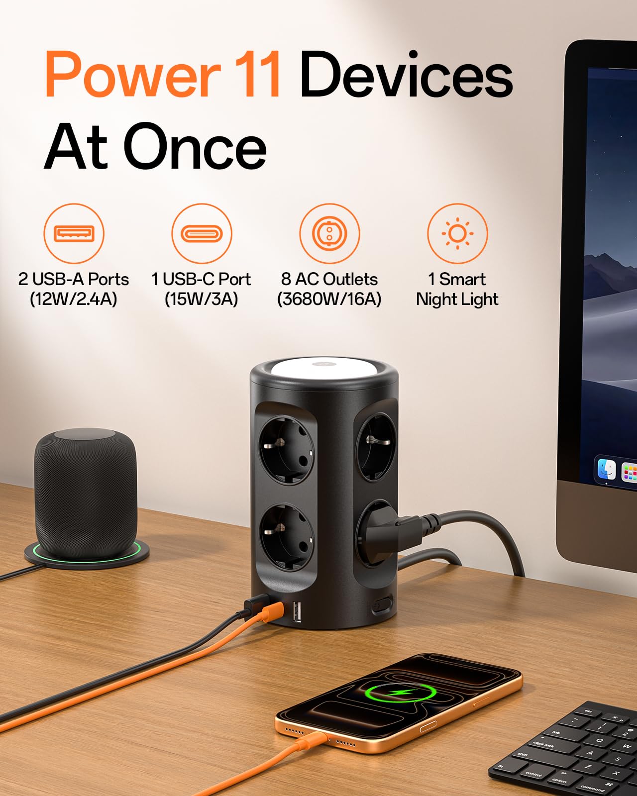 Tour multiprise USB, 8 prises CA et 3 USB, 2 m avec lumière nocturne et interrupteur, multiprise de protection contre la surtension, prise multiple pour table, bureau, maison