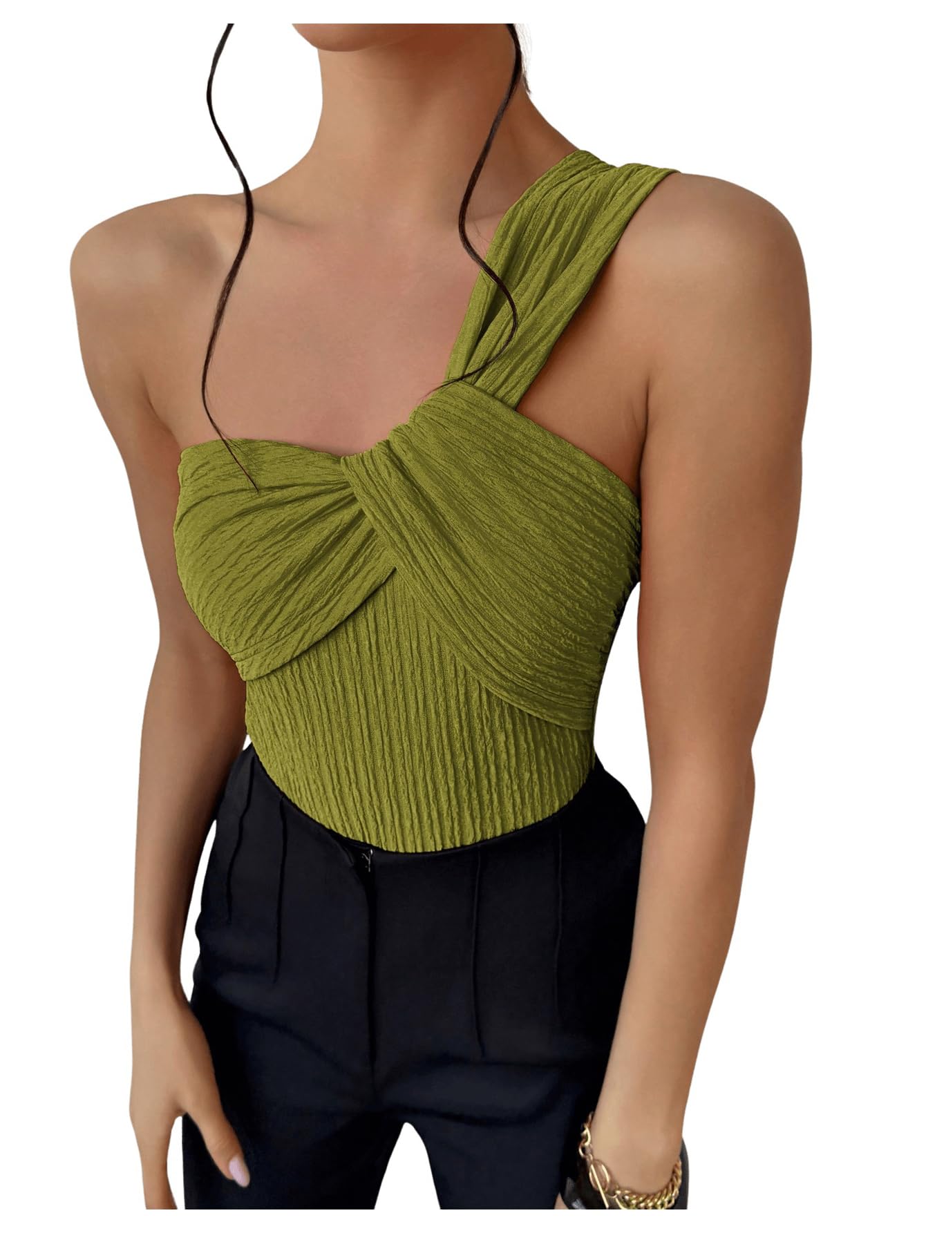Photo 1 of OYOANGLE Women's Textured One Shoulder Going Out Bodysuit Tops Twist Front Ruched Sleeveless Tank Top Body Suits Green Large