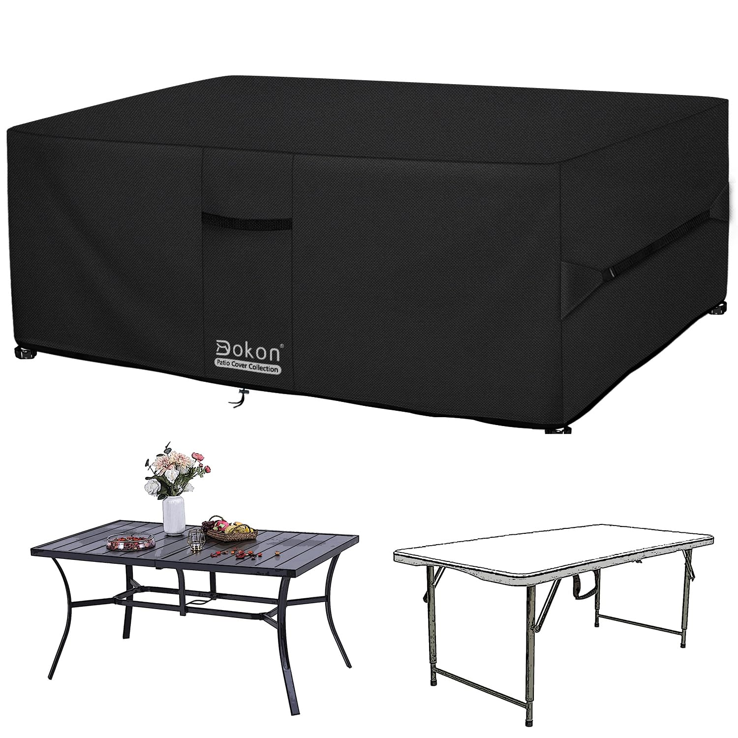 Dokon Funda para Muebles de Jardín Impermeable Funda Protectora Mesa Exterior con Salidas de Aire, Anti Viento, Anti UV Tela Oxford 420D Cubierta Muebles Terraza, Rectangular (120x90x74cm) - Negro