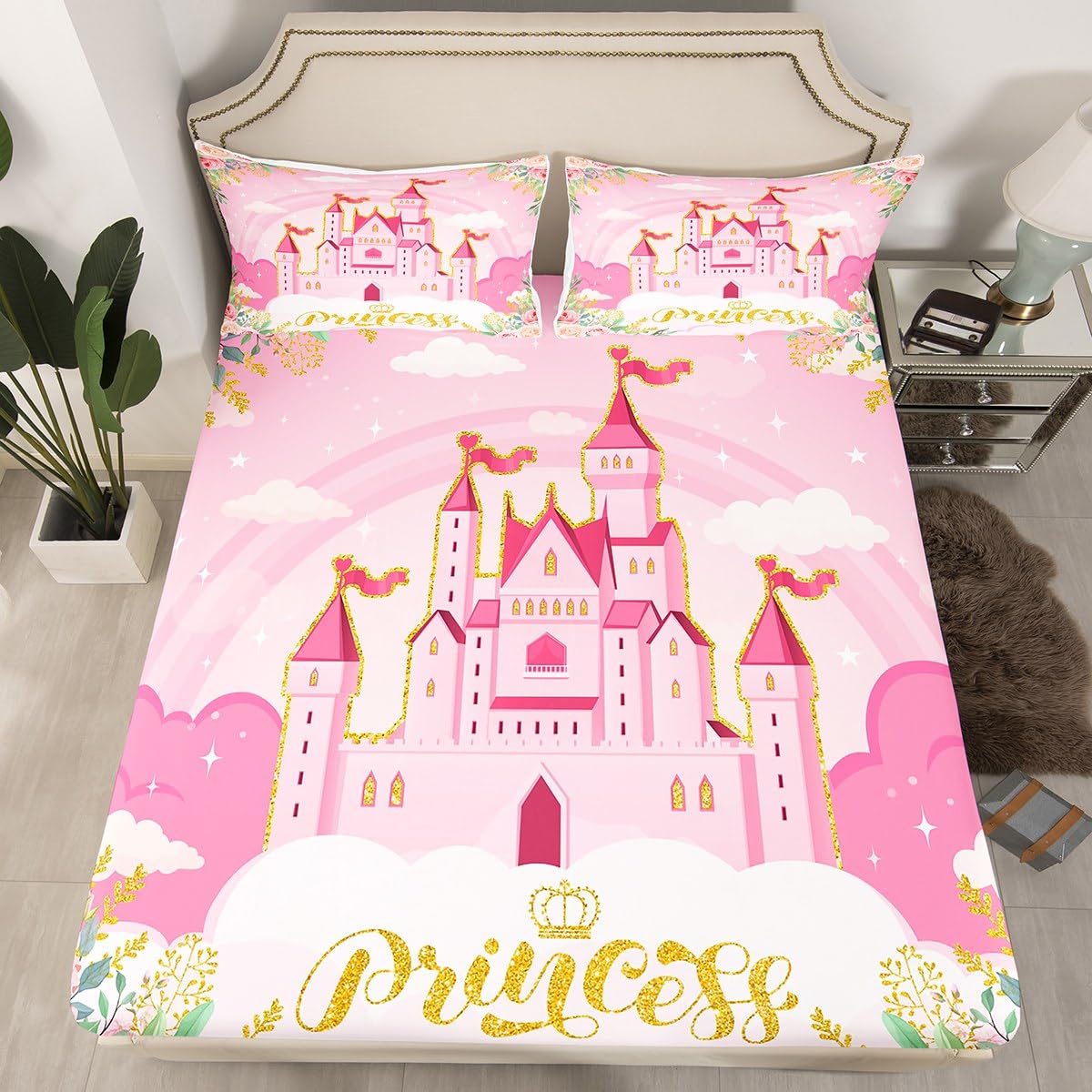 Girls Women Princess Bed Sheet Set King,Pink Castle Dreamy Sheets Set Kids Bedroom Decor,Flowers Garden Princess Bed Set,Fairy Tale Theme Sheets Set for Girls