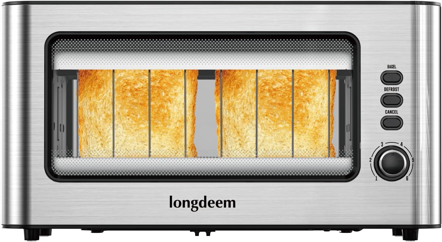 LONGDEEM 2 Slice Toaster 1.75" Extra Wide Slots, See-Through Window 6-Shade Settings & Bagel/Defrost/Cancel Function, Removal Crumb Tray & Under Base Cord Storage (Silver)