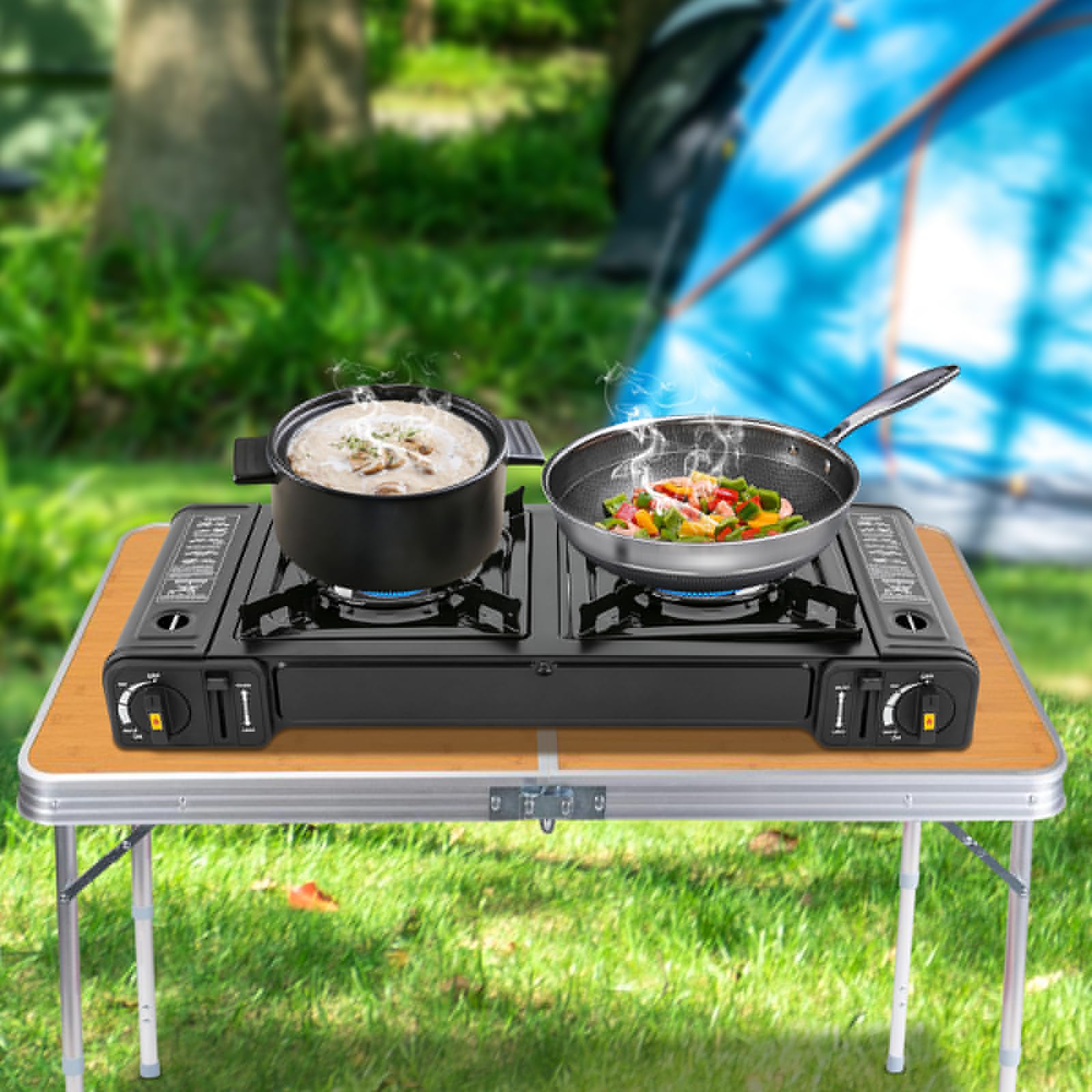 Réchaud à Gaz 2 Feux Pliable - Portable Pour Camping, Randonnée Et Pique-nique - Puissance 15 000 BTU
