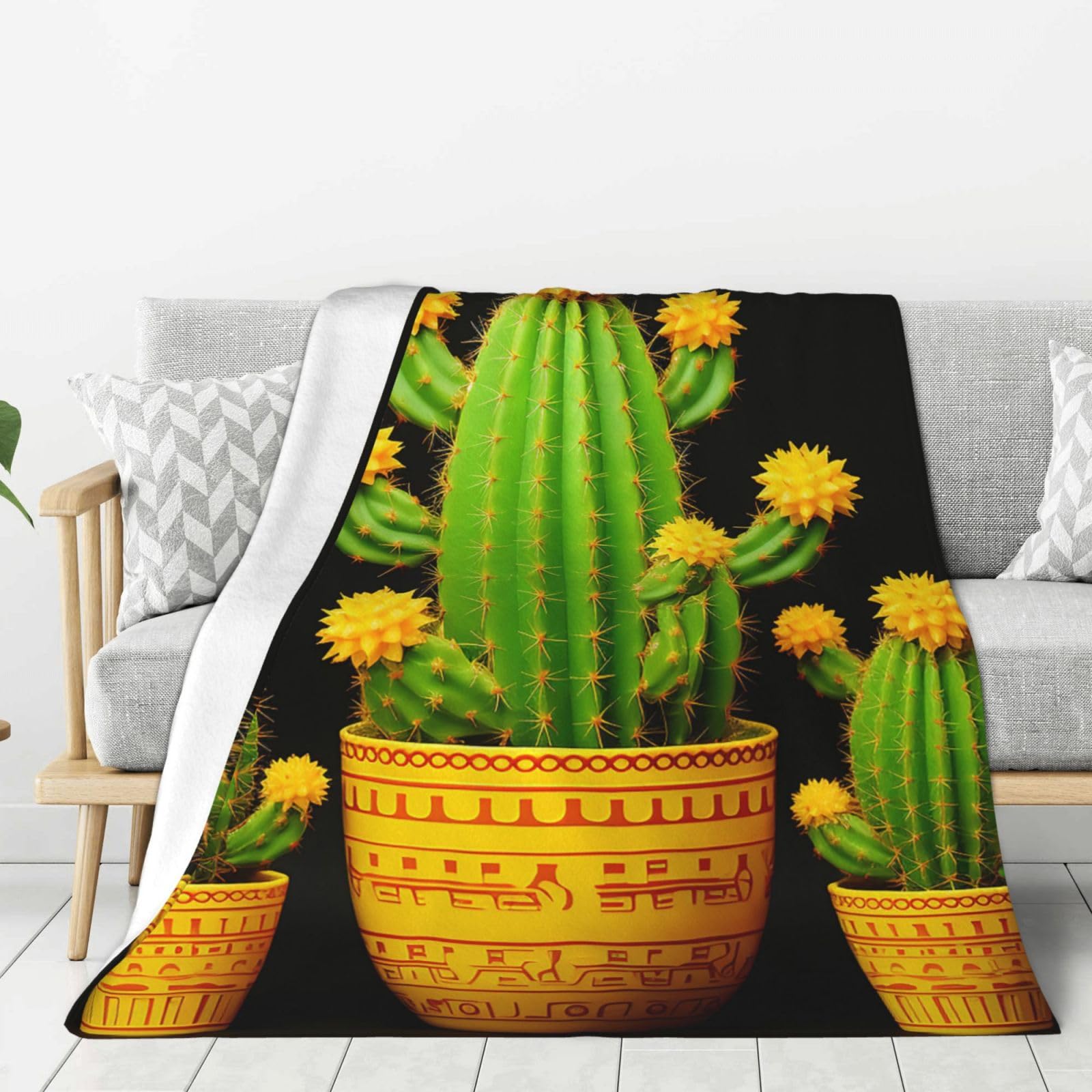 Yellow Cactus Throw Blanket Plush Flannel Fleece Blanket, Soft Lightweight Cozy Blankets 80"X60" for Bed Couch Sofa Travel