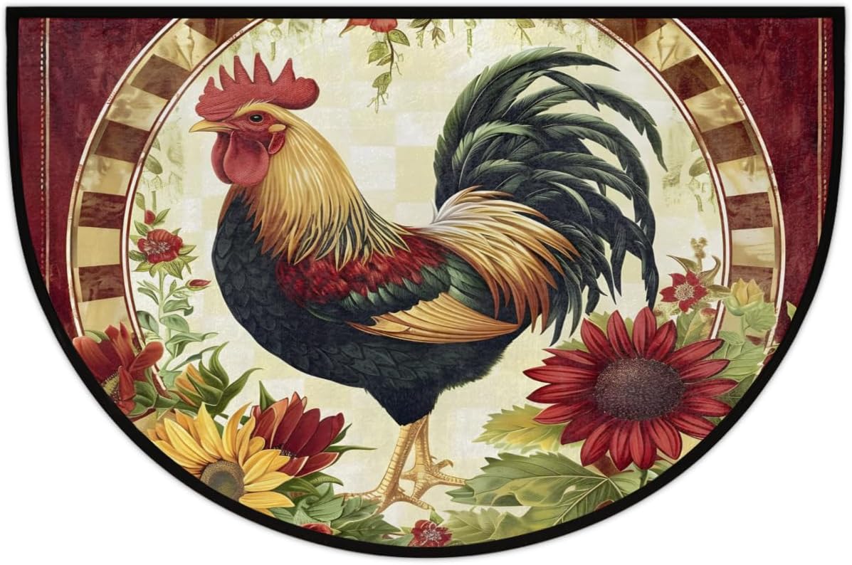Half Round Door Mat Rooster Chicken Flower Semi Circle Area Rug Half Moon Hearth Rugs Runner Mat for Bathroom Kitchen Patio Laundry Room